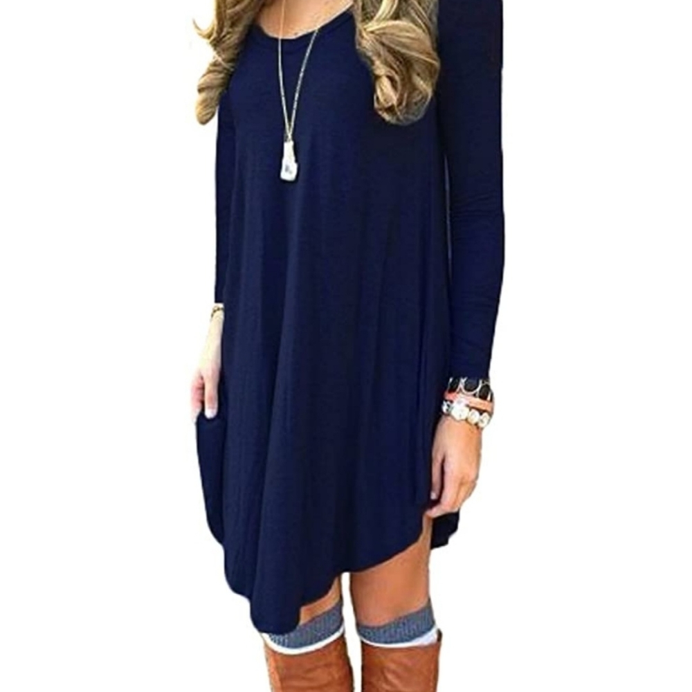Long Sleeve Casual Loose T-shirt Dress Navy Blue
